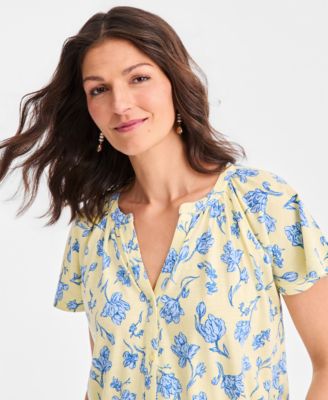 Women's Printed Flutter-Sleeve Button-Front Top