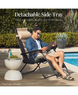 Oversized Padded Zero Gravity Chair, Folding Outdoor Patio Recliner w/ Side Tray