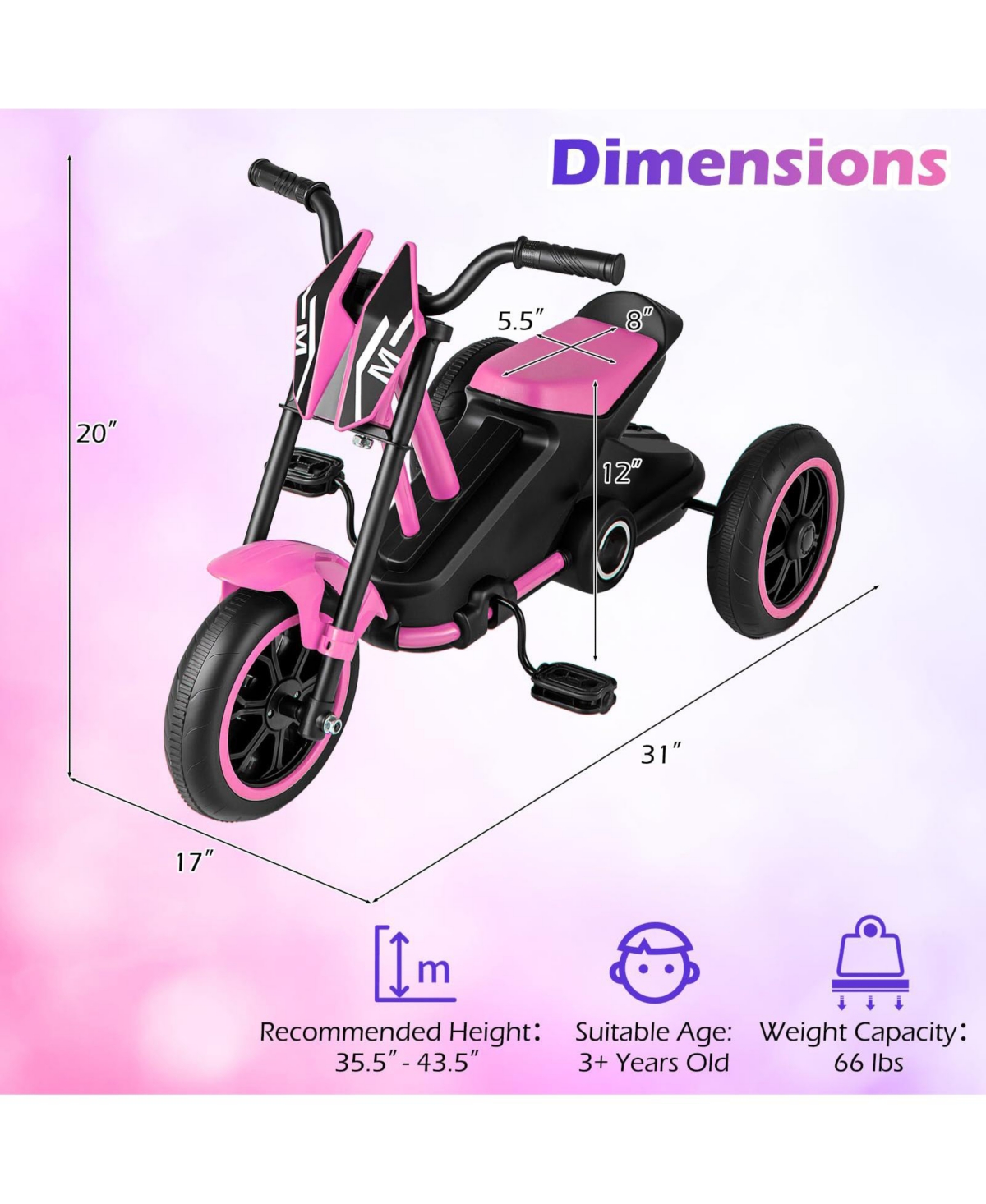 Mecale Kids Tricycle 3-Wheel Toddler Bike with Foot Pedals Forward Backward-Pink