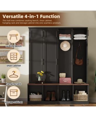 Farmhouse Hall Tree with Hidden Hooks and Walnut Seating Bench