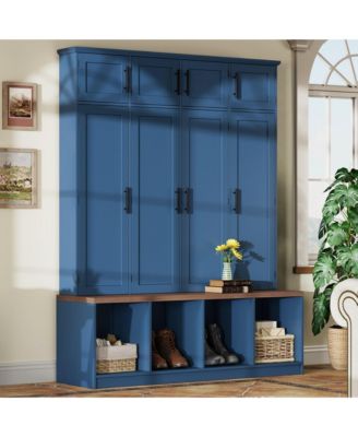 Farmhouse Hall Tree with Hidden Hooks and Walnut Seating Bench