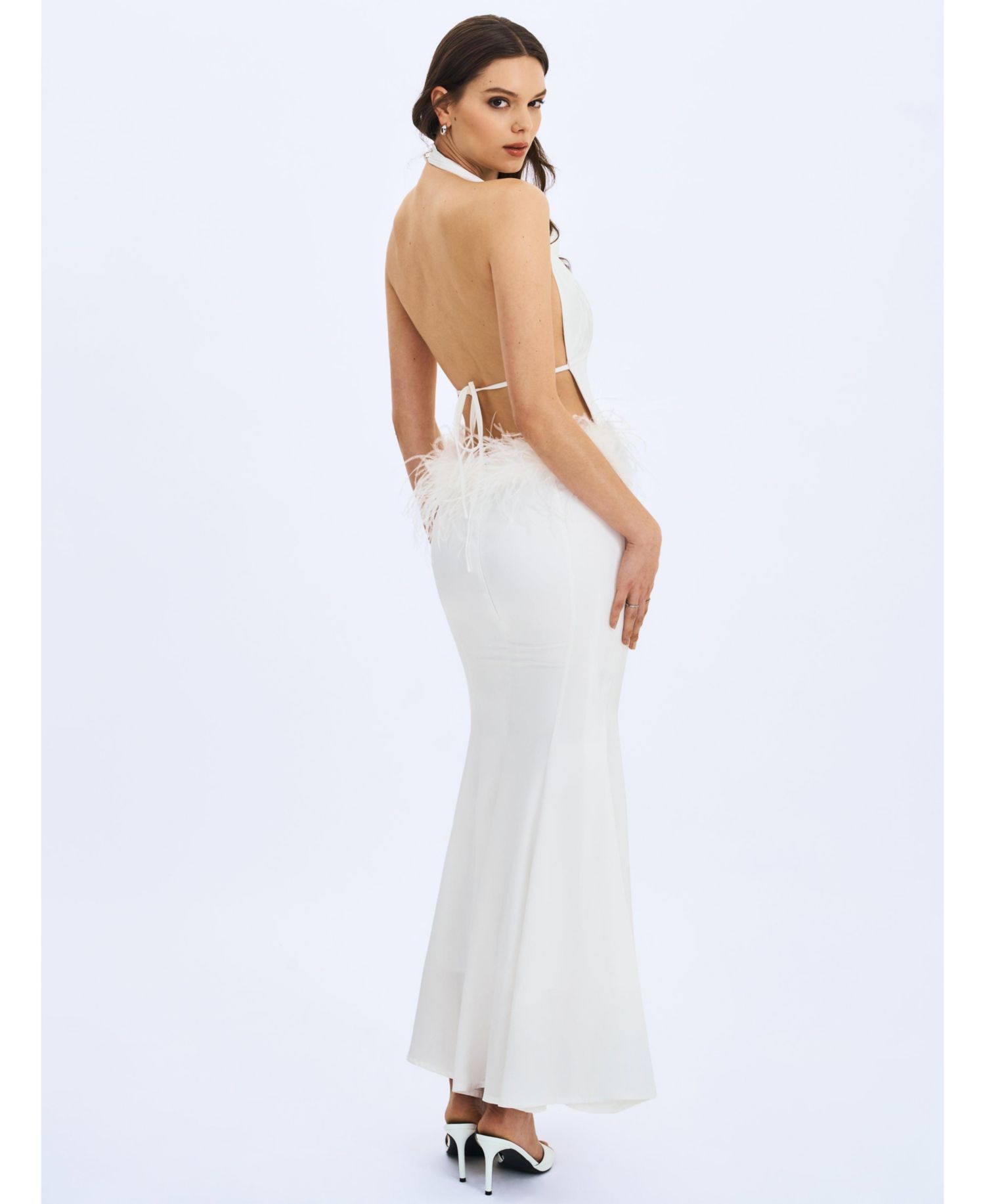 Women Solene Pleated Halter Backless Feather-Trim Maxi Dress