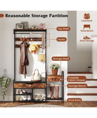 Tall Hall Tree with Bench and Coat Rack for Entryway