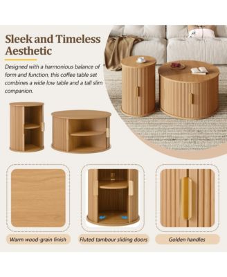 Coffee Table Set with Sliding Tambour Door and Round Fluted End Table for Living Room