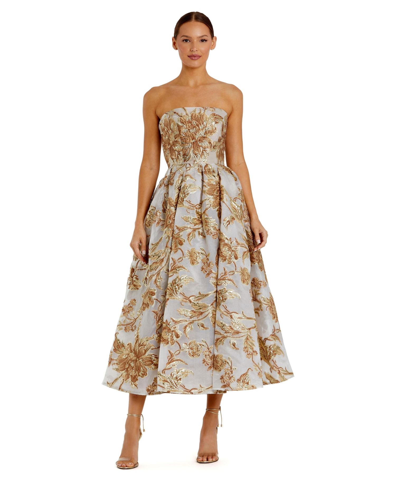 Petite Strapless Brocade Midi Dress with Pockets