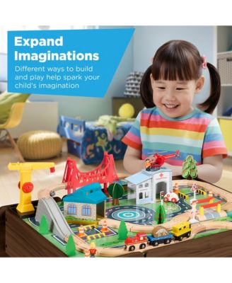 Wooden Train Set Table for Toddlers, 56pc Multi-Activity Table for Kids w/Toy Storage Drawer & Reversible Top