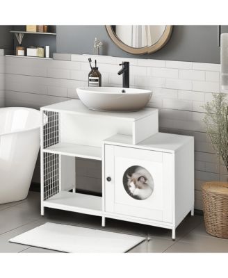 Bathroom Sink Cabinet Cat Litter Box Enclosure with Divider and Storage Shelves, White