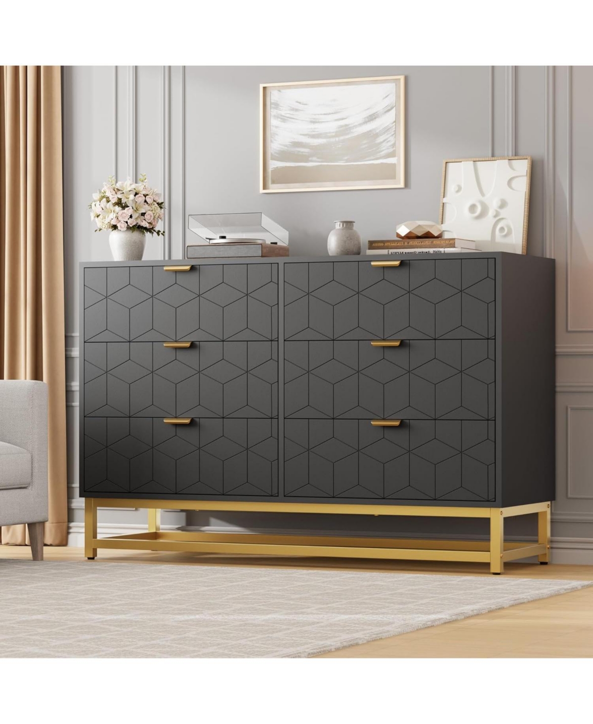 Gaomon 47.2" Wide Modern 6 Drawer Dresser Chest, Gold Metal Legs & Handles, Wood Storage Organizer for Bedroom