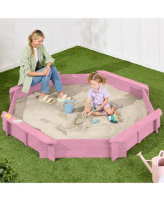 Kid's Octagonal Wooden Outdoor Sandbox w/ Benches, 8 Seats, Cover, XL Sandpit, Liner