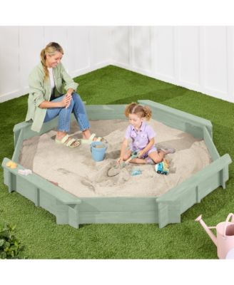 Kid's Octagonal Wooden Outdoor Sandbox w/ Benches, 8 Seats, Cover, XL Sandpit, Liner