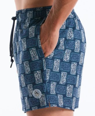 Men's Navy Flower Block Print Swim Trunks