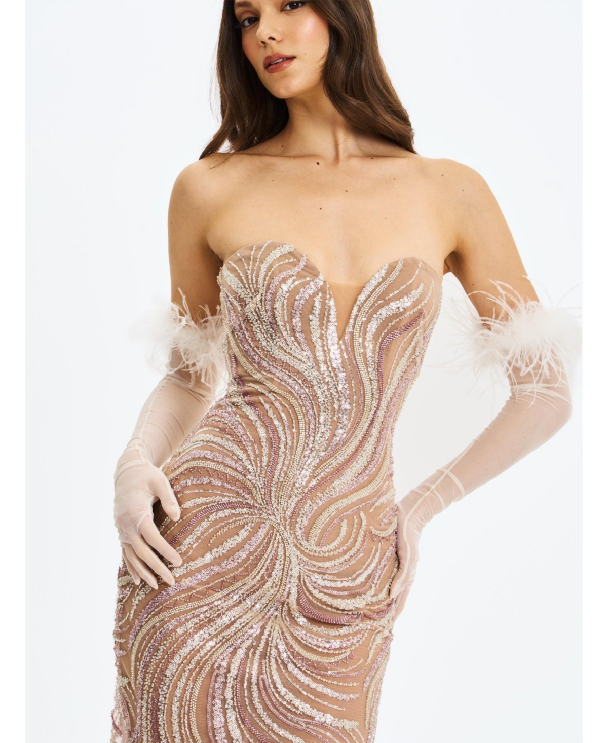 Miss Circle Women's Quinci Apricot Beaded Sequin Sweetheart Maxi Dress