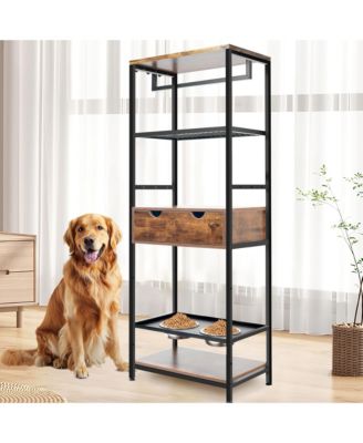 Adjustable Raised Dog Feeding Station with Storage Shelves and Hooks, 2 Stainless Steel Bowls