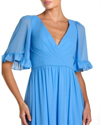 Women's V Neck Flutter Sleeve Chiffon Faux Wrap Maxi Gown
