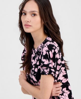 Petite Floral-Print Gathered-Sleeve Top