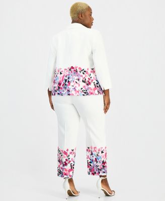 Plus Size Floral-Trim Two-Button Jacket & Straight-Leg Ankle Pants