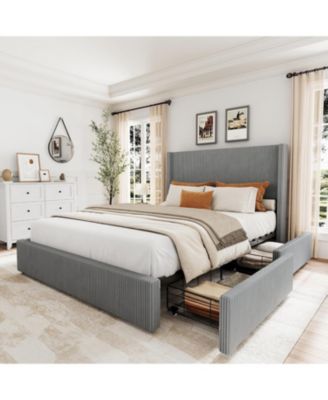 Queen Bed Frame with 4 Storage Drawers, Corduroy Wingback Headboard, Wood Slats, Noise-Free Platform, Grey