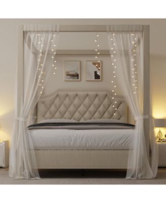 Queen Upholstered Canopy Bed, Tufted Headboard, Nailhead Trim, Sturdy Platform Frame, No Box Spring, Beige