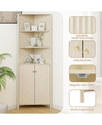 68" Tall Corner Bathroom Cabinet with 5 Shelves and 2 Fluted Doors, Space-Saving