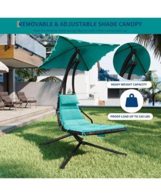 Chaise Lounger Swing Chair with Umbrella Canopy, Patio Hanging Lounge Chair with Stand, Curved Steel - Twin