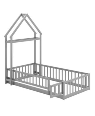 House Style Twin Floor Bed with Decorative Headboard - 48