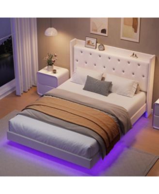 Queen Floating Bed Frame with LED Lights, Velvet Upholstered Platform, Storage Headboard