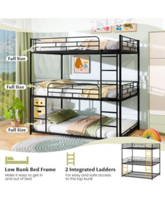 Triple Metal Bunk Bed with Dual Ladders and Safety Rails - 56