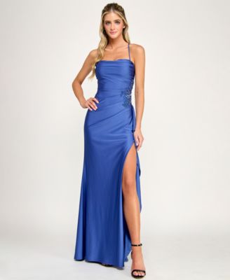 Juniors' Drape Neck Side Ruffle Gown