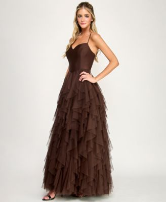 Juniors' Open Back Mesh V-Neck Cascade Layered Gown