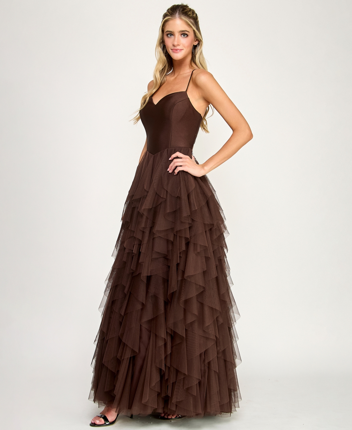 City Studios Juniors' Open Back Mesh V-Neck Cascade Layered Gown