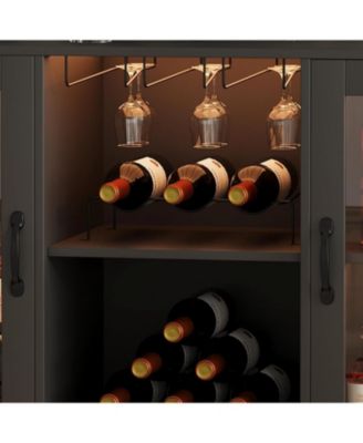 Wine Bar Cabinet with LED Lights & Power Outlets, Farmhouse Liquor Cabinet with Wine Rack & Glass Holder