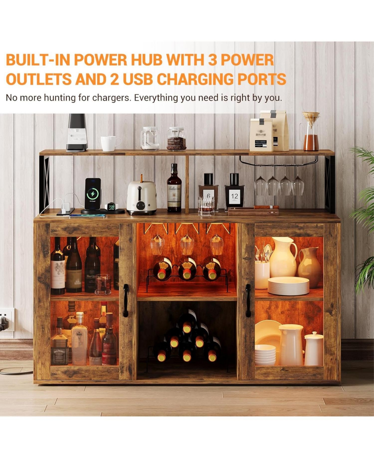 Gaomon Wine Bar Cabinet with Led Lights & Power Outlets, Farmhouse Liquor Rack Glass Holder