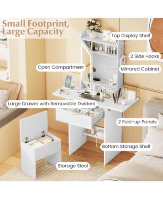 Space-Saving Vanity Desk with Lighted Mirror and Lights, Bedroom Makeup Table