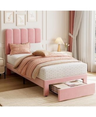 2 Sets Twin Bed Frame with Under-Bed Drawer, Upholstered Platform Bed with Wave Headboard for Kids/Girls, Wooden Slats Support, Velvet Pink