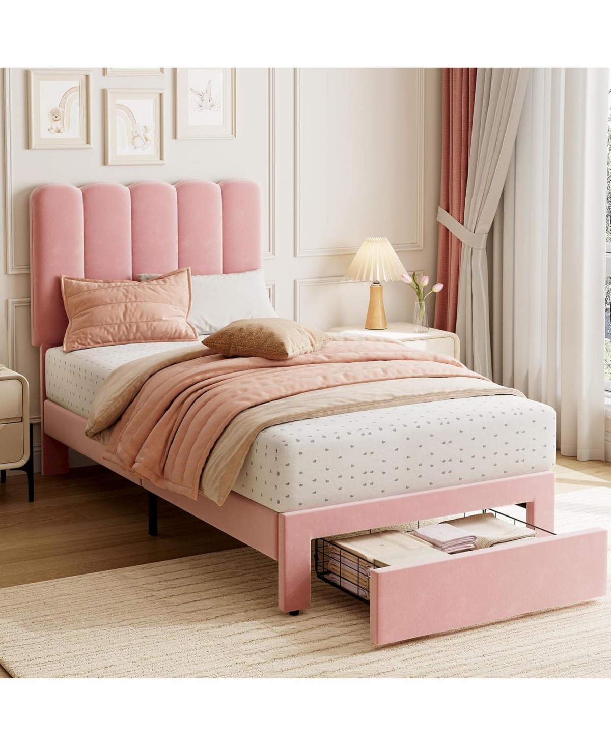 gaomon 2 Sets Twin Bed Frame with Under-Bed Drawer, Upholstered Platform Bed with Wave Headboard for Kids/Girls, Wooden Slats Support, Velvet Pink