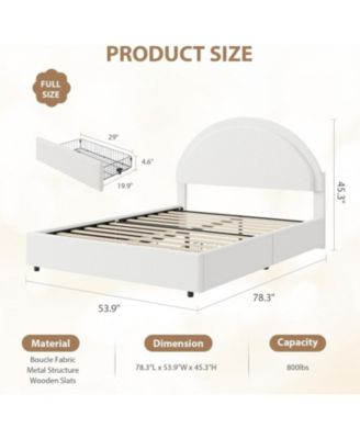 Full Bed Frame with Storage Drawers, Upholstered Boucle Platform, Round Headboard, Heavy-Duty, Noise-Free, No Box Spring, White