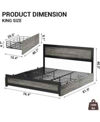 King Bed Frame with Headboard, Industrial Platform, 4 Storage Drawers, Charging Station, Metal Slats, Washed Gray