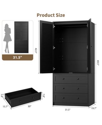 Armoire Wardrobe Closet with Drawers, 69.5" Wooden Wardrobe Cabinet with Hanging Rod & Doors