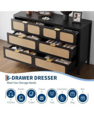 6 Drawer Boho Rattan Dresser with Wood Legs and Metal Handles