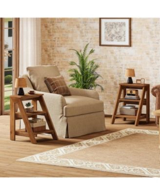 Solid Wood End Table Set of 2, 3-Tier Farmhouse Side Table with Open Storage Shelves, Rustic Nightstand for Living Room