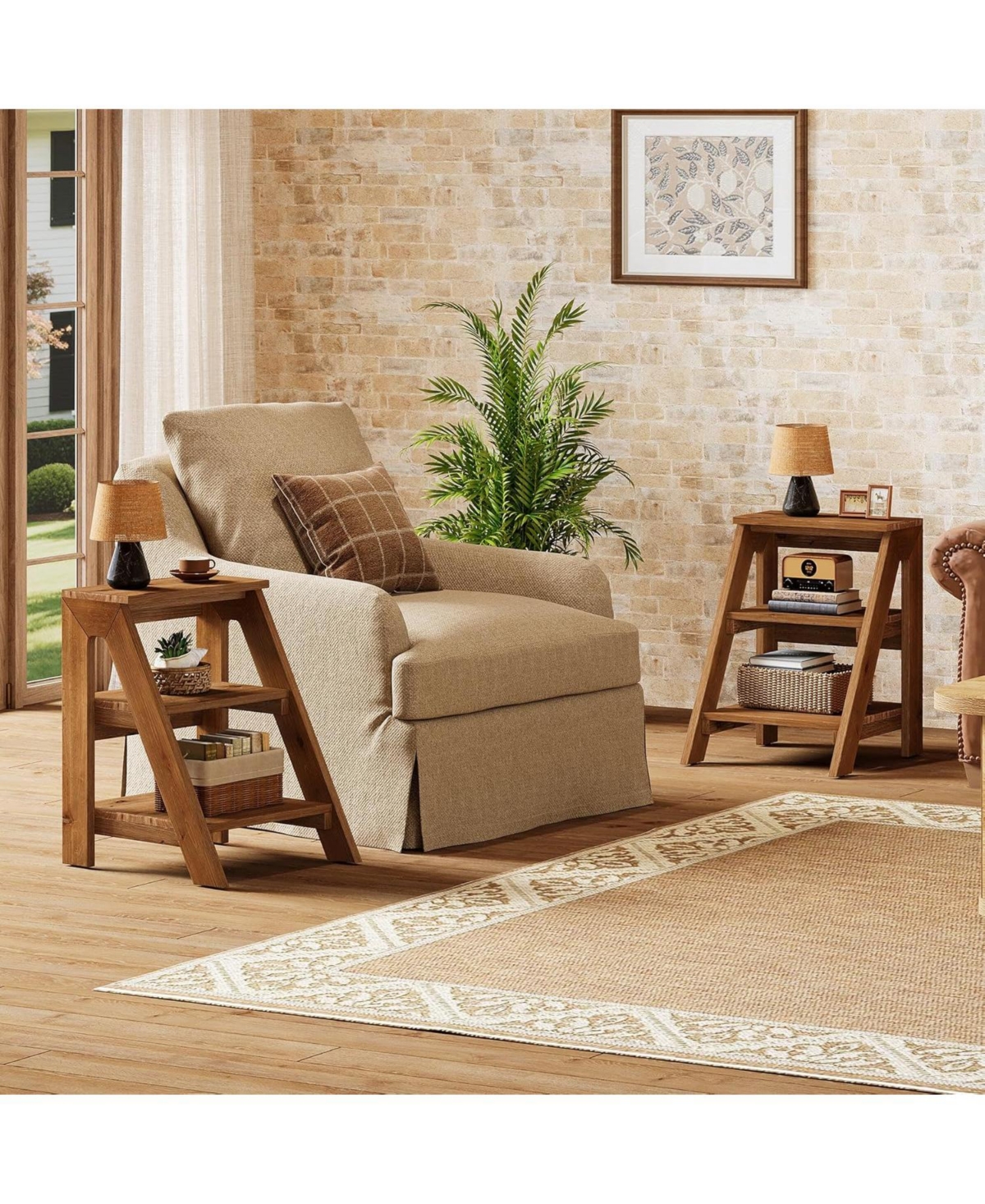 Tribesigns Solid Wood End Table Set of 2, 3-Tier Farmhouse Side Table with Open Storage Shelves, Rustic Nightstand for Living Room