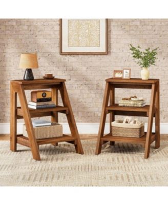 Solid Wood End Table Set of 2, 3-Tier Farmhouse Side Table with Open Storage Shelves, Rustic Nightstand for Living Room