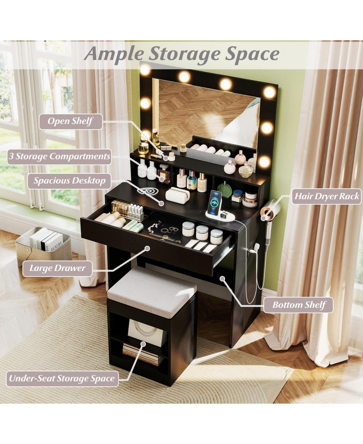 Volenca 31.5" Vanity Desk with Lighted Mirror, 3 Lighting Modes, and Storage Shelves