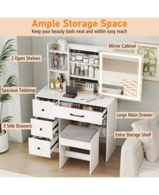 Vanity Desk and Chair Set with Sliding Lighted Mirror and 4 Drawers, Makeup Table