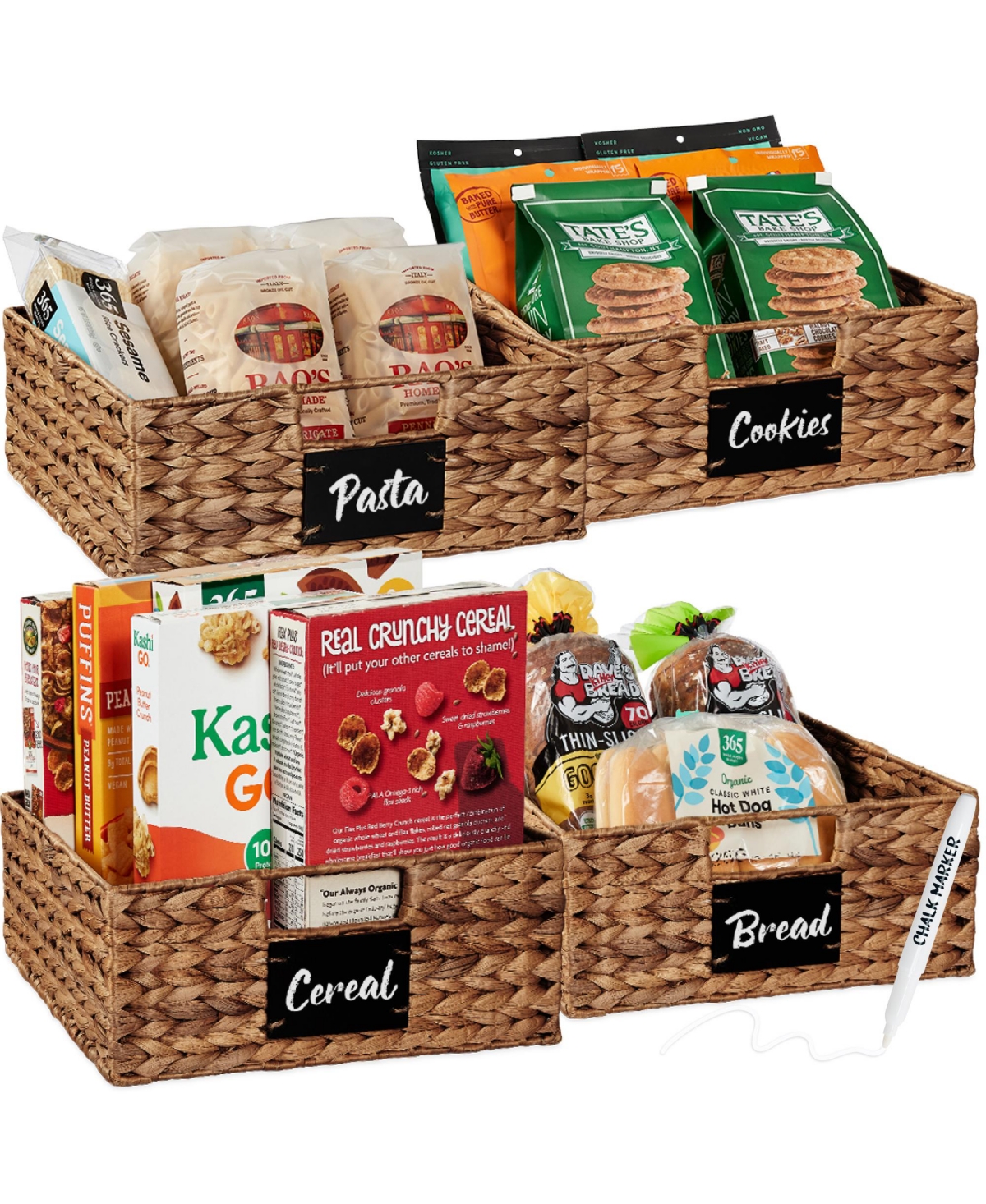 Best Choice Products Set of 4 13in Woven Water Hyacinth Pantry Baskets w/ Chalkboard Label, Chalk Marker - Chestnut