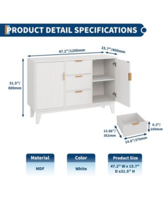 47.2" Fluted Buffet Cabinet, Mid-Century Sideboard with 2 Waveform Doors, Gold Handles, 3 Drawers & Adjustable Shelves