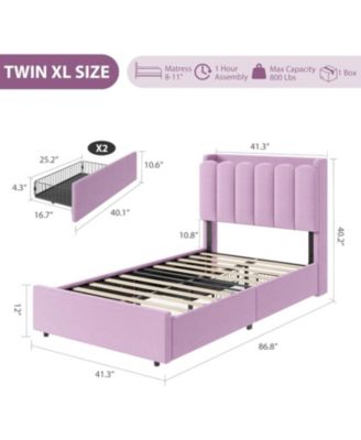 Twin XL Boucle Upholstered Platform Bed with Wavy Headboard, Storage Bookcase, 2 Drawers, No Box Spring Needed