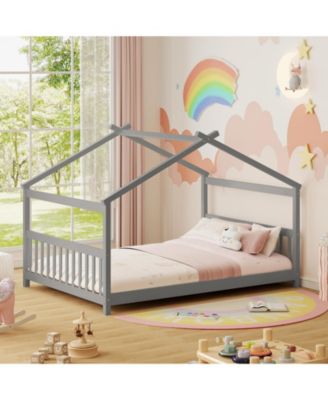 Montessori Full Size Floor Bed with House Frame and Headboard