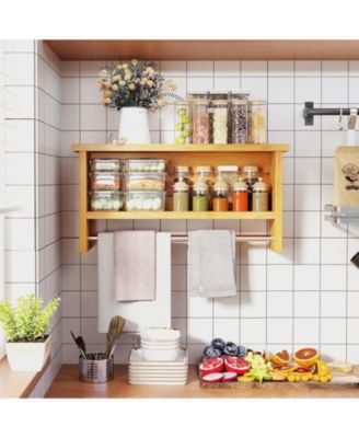 Wall-Mount 2-Tier Solid Teak Wood Bathroom Shelf with Towel Bar