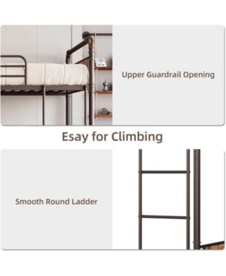2-in-1 Twin Metal Bunk Bed, Convertible Loft Frame with Guardrails & Ladder, Heavy Duty, Brown